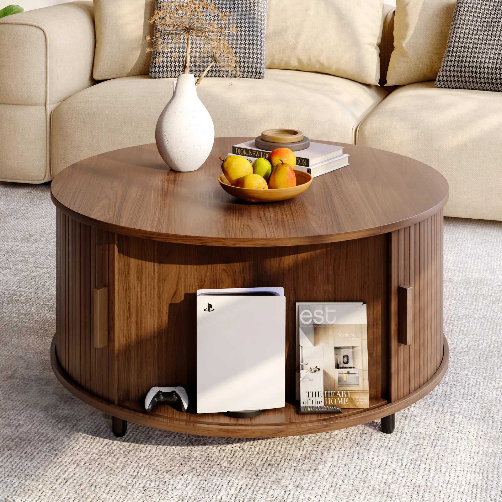 Oakridge Fluted Round Coffee Table with Hidden Storage