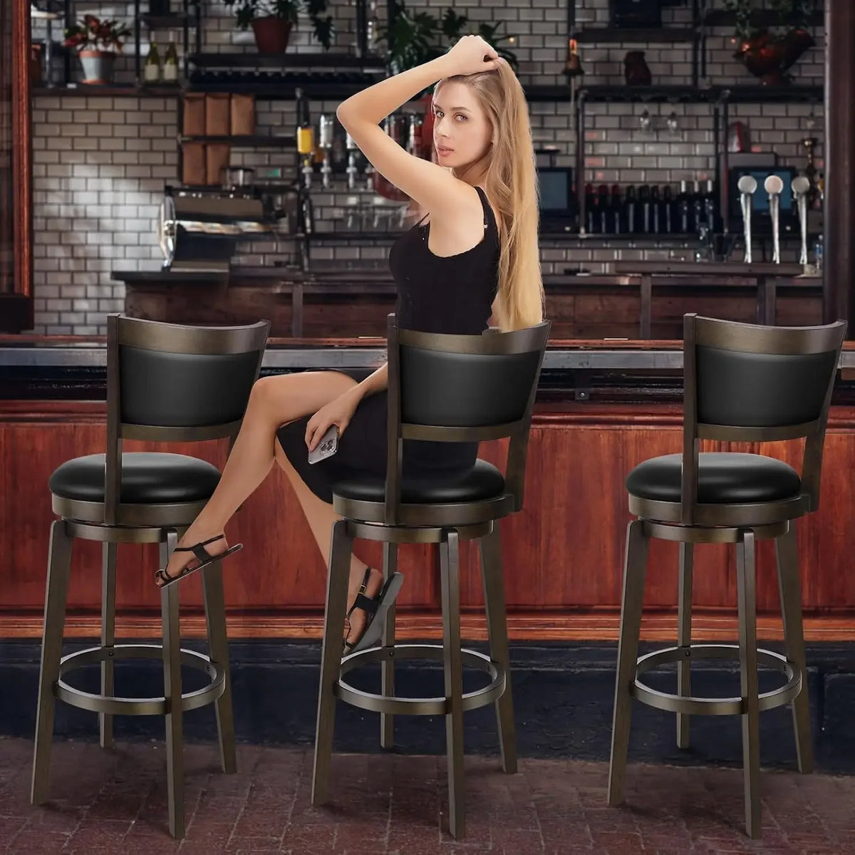 Swivel Bar Stools Set of 2, 26 Inch Counter Height Barstools | Black Faux Leather, High Backrest, Solid Rubberwood Frame