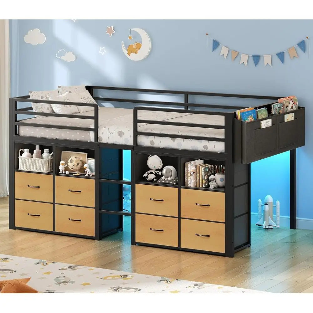 ADORNEVE Low Lot Bed Twin Size with 8 Storage Ders or Kids, Natural | Storage Bookcases, LED Lights, 14" H Saety Guardrail, Spac