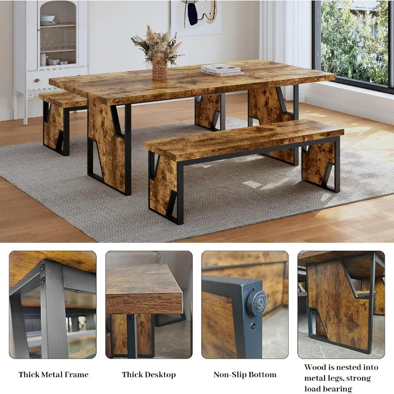 Heritage Farmhouse Dining Table Set with Benches – Seats 4 to 6