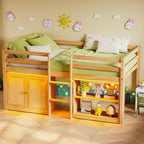 Low Loft Bed Twin Size with LED Lights, Storage Cabinet, Shelf, and Safety Guardrail, Natural Wood