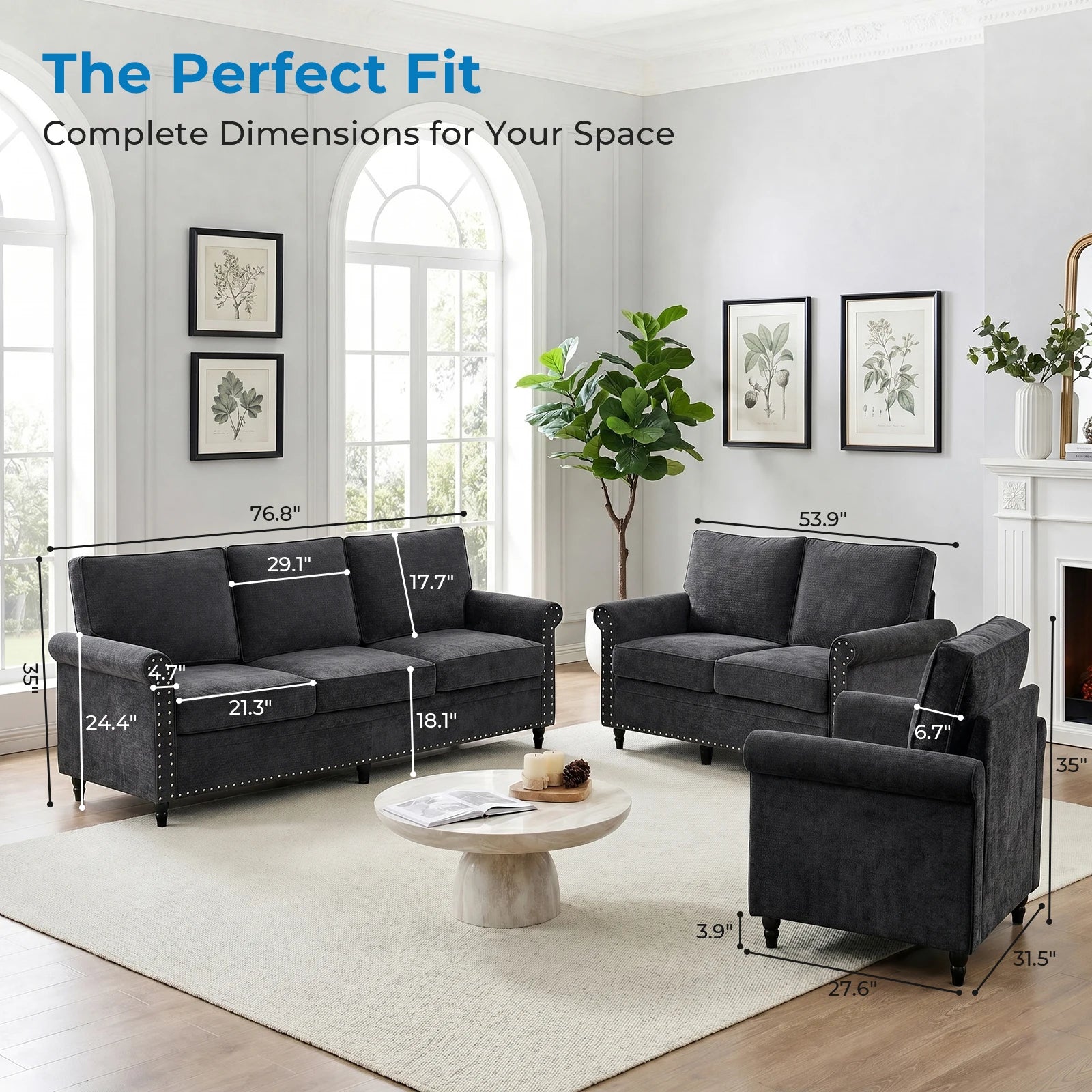 Chenille Living Room Sofa Set with Thick Cushions & Wood Frame - 3-Piece