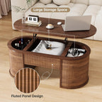 Oval Walnut Fluted Lift Top Coffee Table Hidden Storage Small Spaces Home Office Living Room Mid Century Modern Center Table