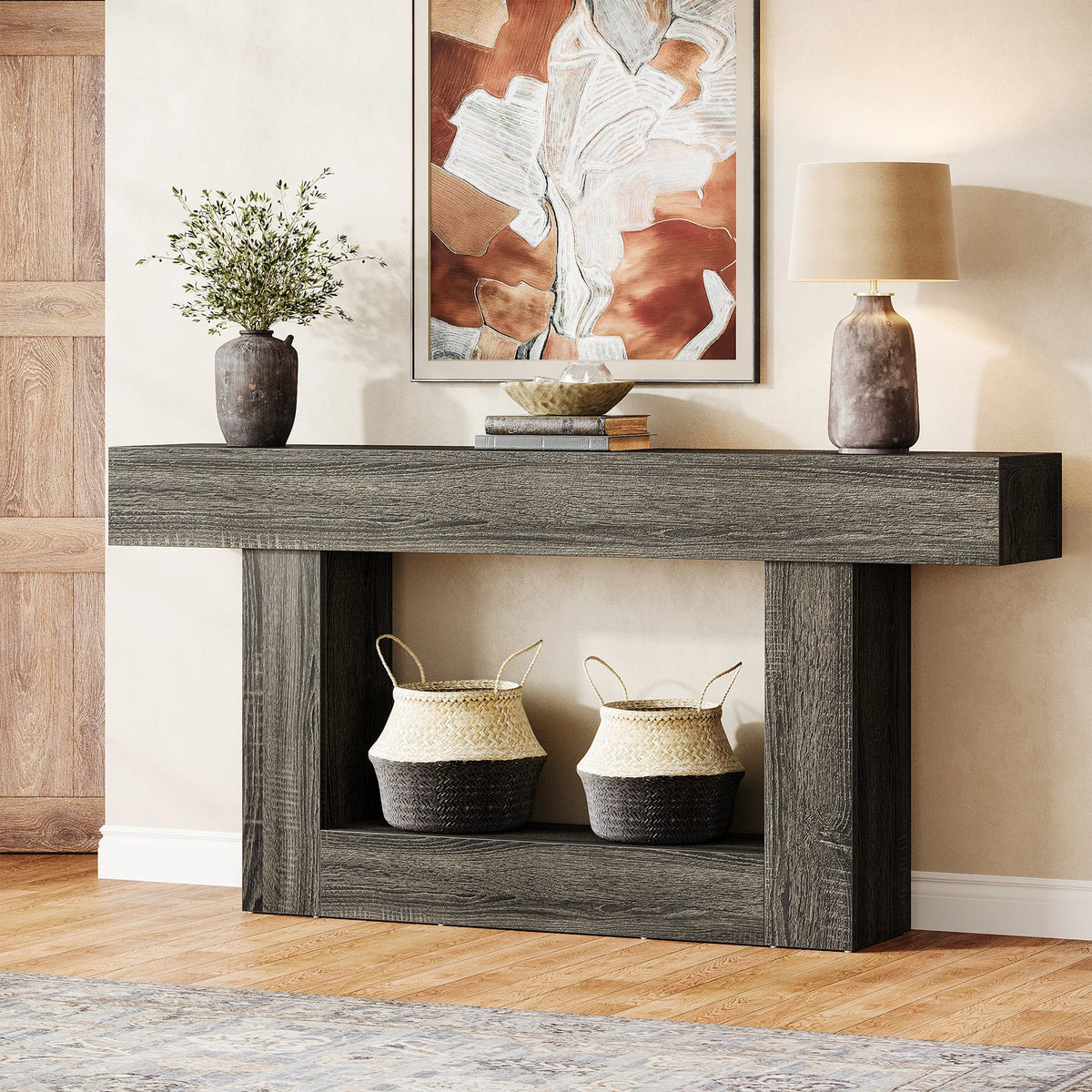 Tribesigns 160 cm Console Table, Farmhouse 2-Tier Entryway Table with U-Shaped Base, Narrow Wood Sofa Table Behind Couch Table