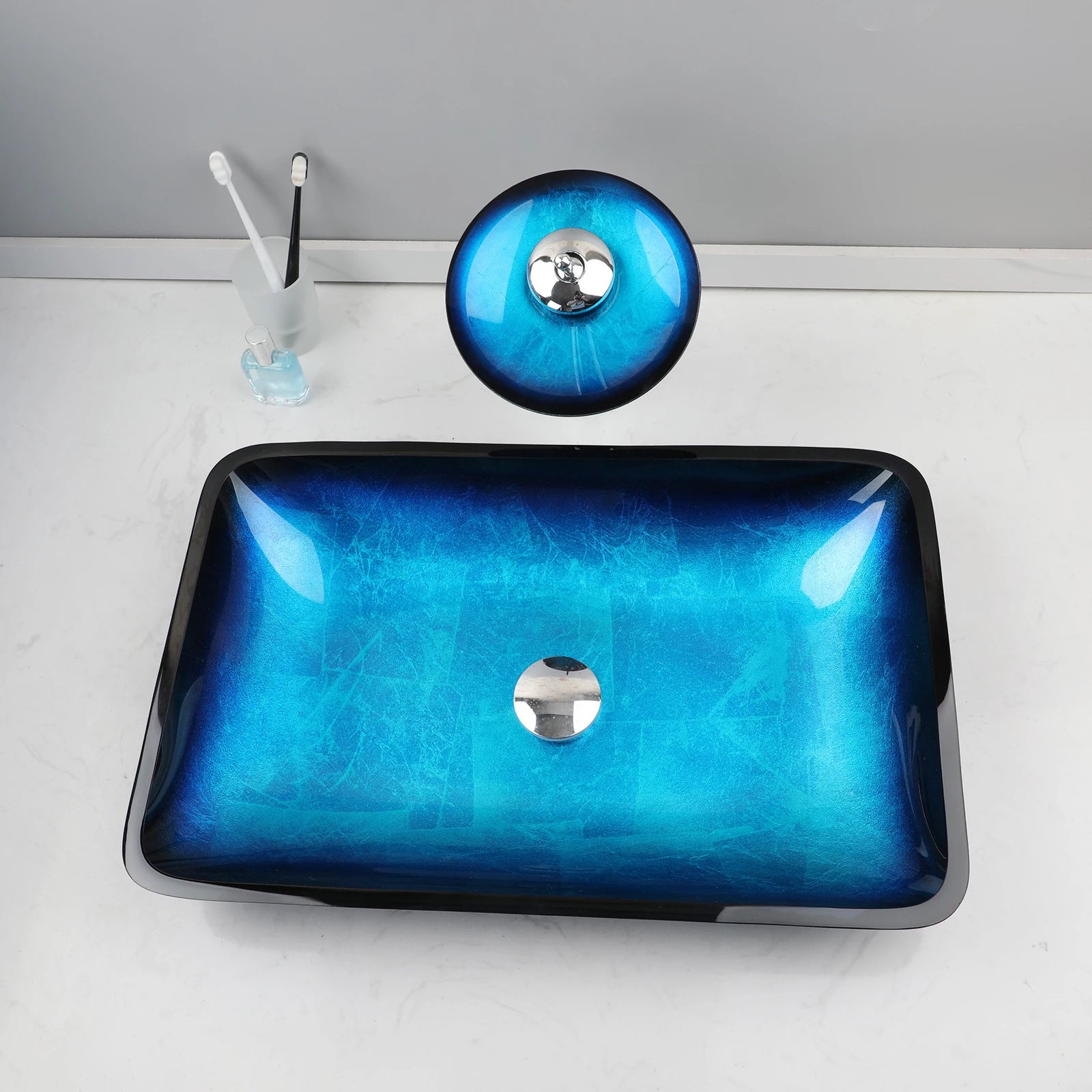 KEMAIDI Big Tempered Glass Basin Sink Washbasin Bathroom Vessel Sinks Counter Top Bowl Washroom Vessel Vanity Sink Faucet Set