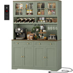 Green Kitchen Pantry & Coffee Bar Hutch with Charging Station, Glass Doors, Wine Storage & 2 Drawers