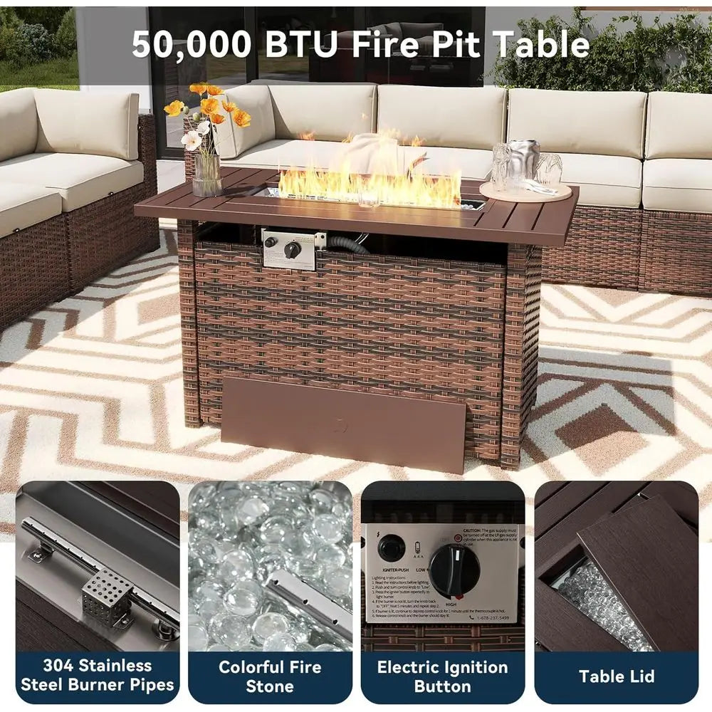 Sandstone Retreat 8-Piece Patio Conversation Set with Fire Pit Table