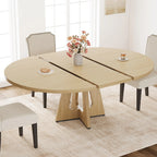 47-63 Inch Extendable Round Dining Table For 4-8, Farmhouse Oval Kitchen Table With Leaf Storage Caddy and Wood Cross Pedestal Base