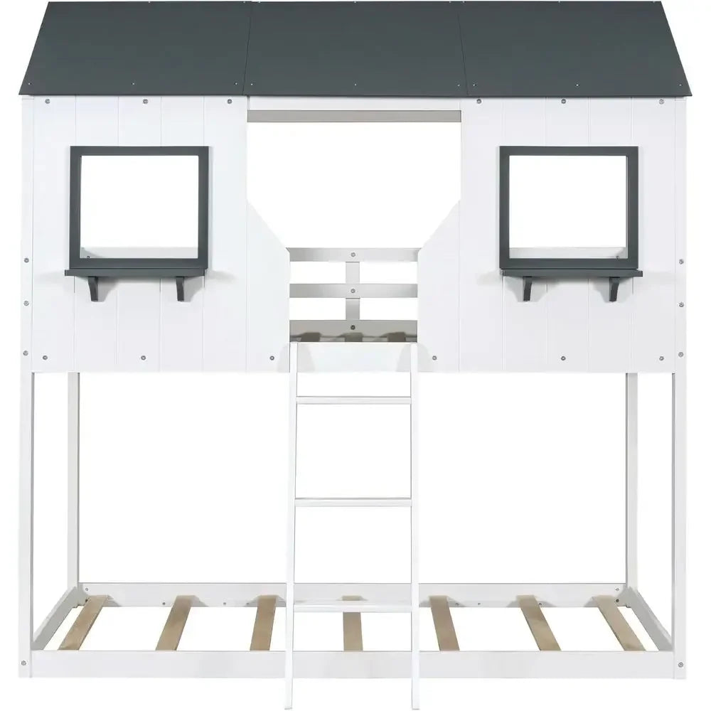 White Twin Over Twin Low House Bunk Bed