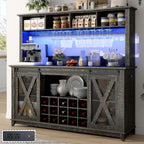 Farmhouse Coffee Bar Cabinet with Power Outlet, LED Lighting & 4-Section Storage Hutch