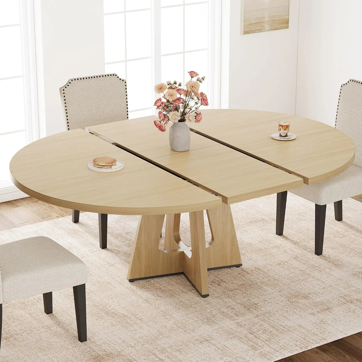 47-63 Inch Extendable Round Dining Table For 4-8, Farmhouse Oval Kitchen Table With Leaf Storage Caddy and Wood Cross Pedestal Base