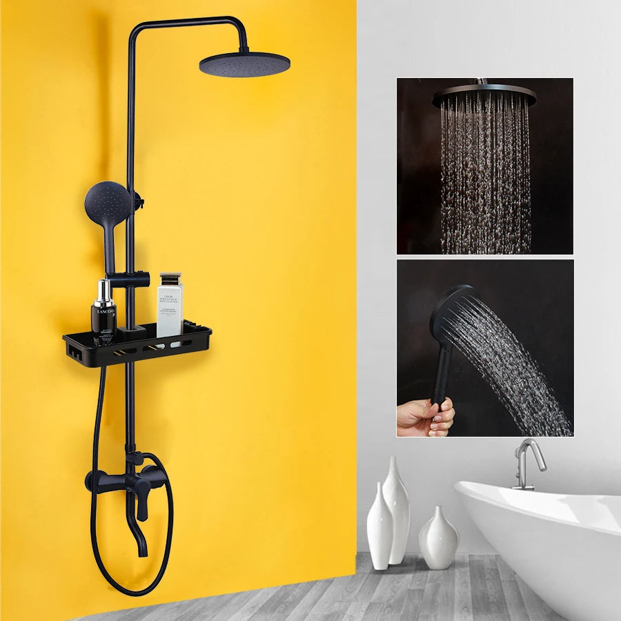 Matte Black Rainfall Shower System with Storage Shelf & Handheld Shower