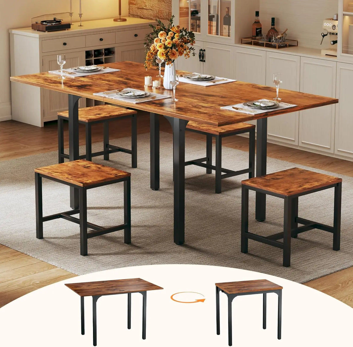 Extendable Kitchen Table Chairs Set of 4,  Compact Kitchen Table and 4 Stools Small Space,
