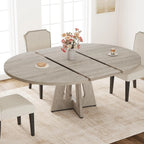 47-63 Inch Extendable Round Dining Table For 4-8, Farmhouse Oval Kitchen Table With Leaf Storage Caddy and Wood Cross Pedestal Base