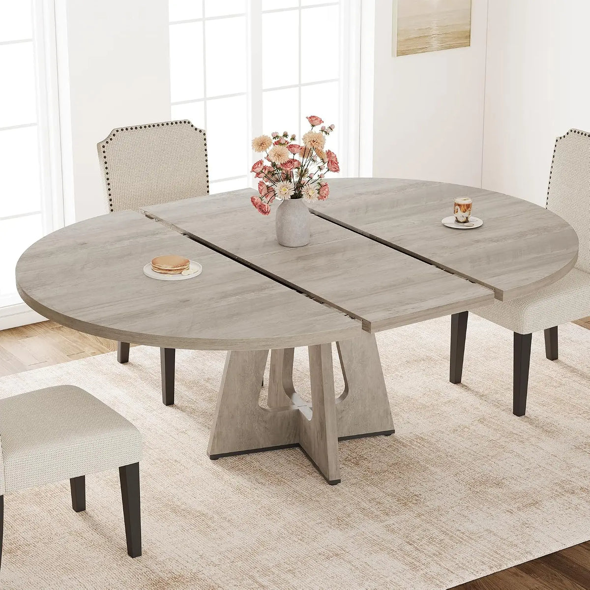 47-63 Inch Extendable Round Dining Table For 4-8, Farmhouse Oval Kitchen Table With Leaf Storage Caddy and Wood Cross Pedestal Base