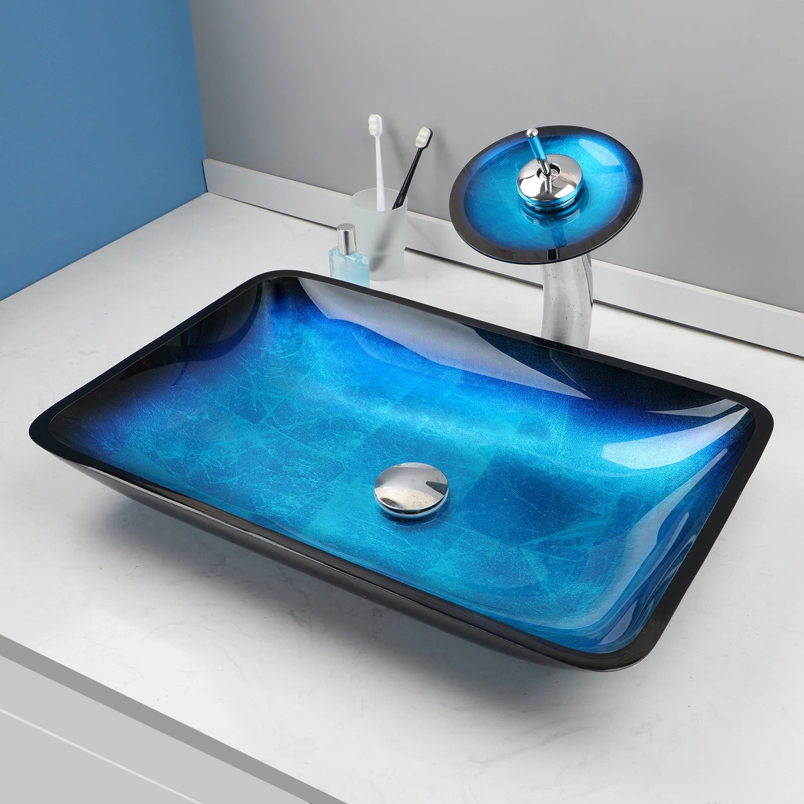 KEMAIDI Big Tempered Glass Basin Sink Washbasin Bathroom Vessel Sinks Counter Top Bowl Washroom Vessel Vanity Sink Faucet Set