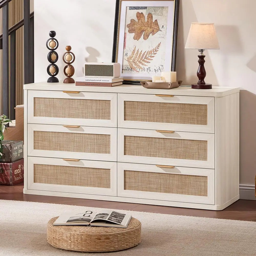 Boho Rattan 6-Drawer Dresser & TV Stand Organizer – 54 Inch