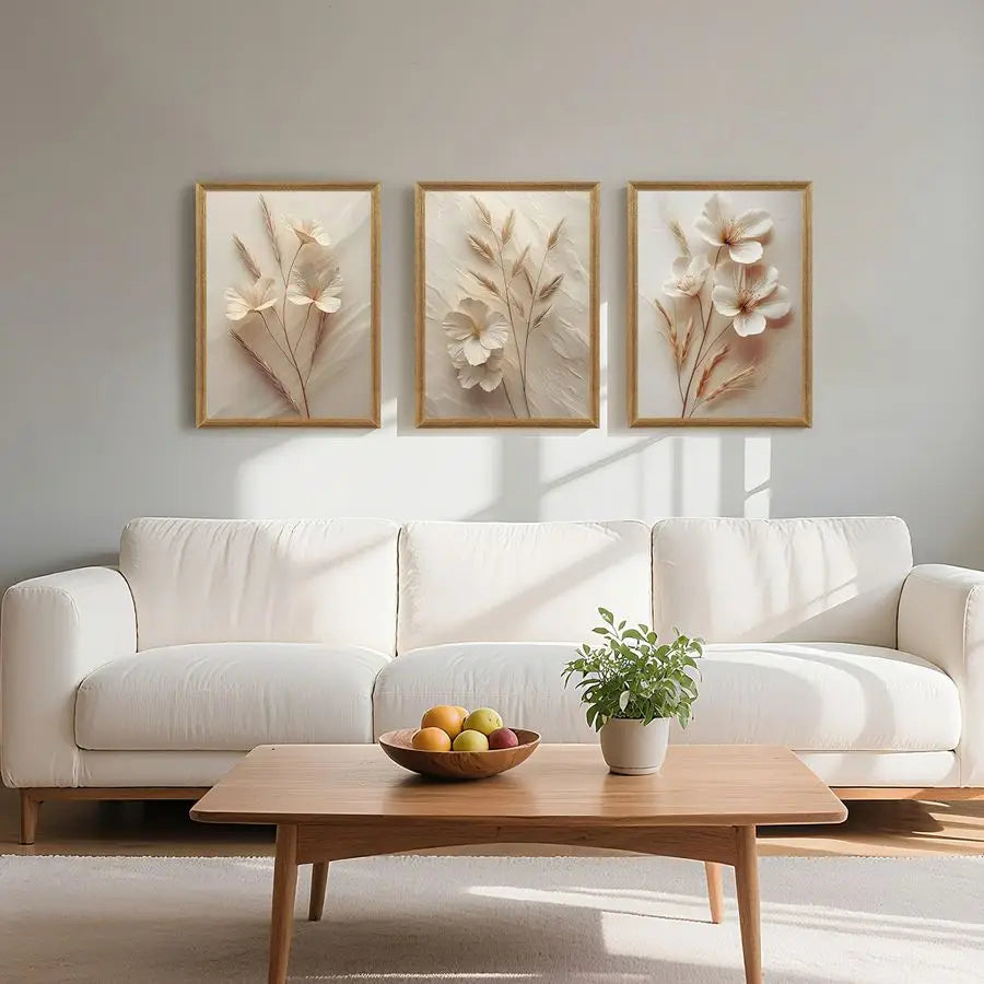 Wildflower Meadow Neutral Floral Canvas Wall Art Set – 3 Piece
