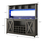 Farmhouse Coffee Bar Cabinet with Power Outlet, LED Lighting & 4-Section Storage Hutch