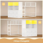 BTHST Bunk Bed Twin Over Twin with 6 Large abric Ders & 4 Wooden Storage Bookshel Organizer, Metal Low Bunk Bed or Kids with LED