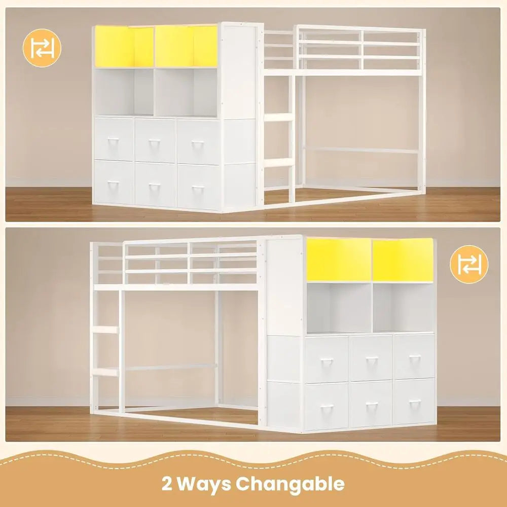BTHST Bunk Bed Twin Over Twin with 6 Large abric Ders & 4 Wooden Storage Bookshel Organizer, Metal Low Bunk Bed or Kids with LED