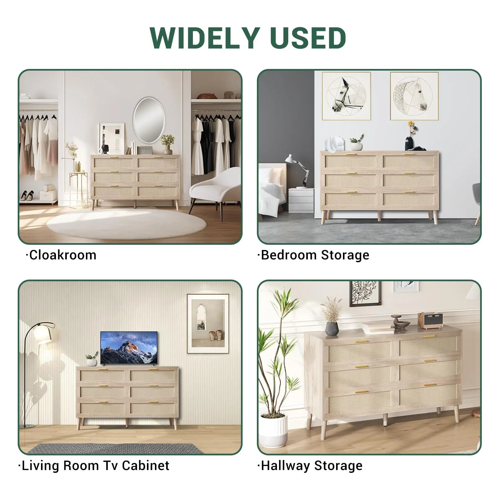 Haven Ridge Mid-Century Rattan Dresser with Gold Handles – 6 Drawer