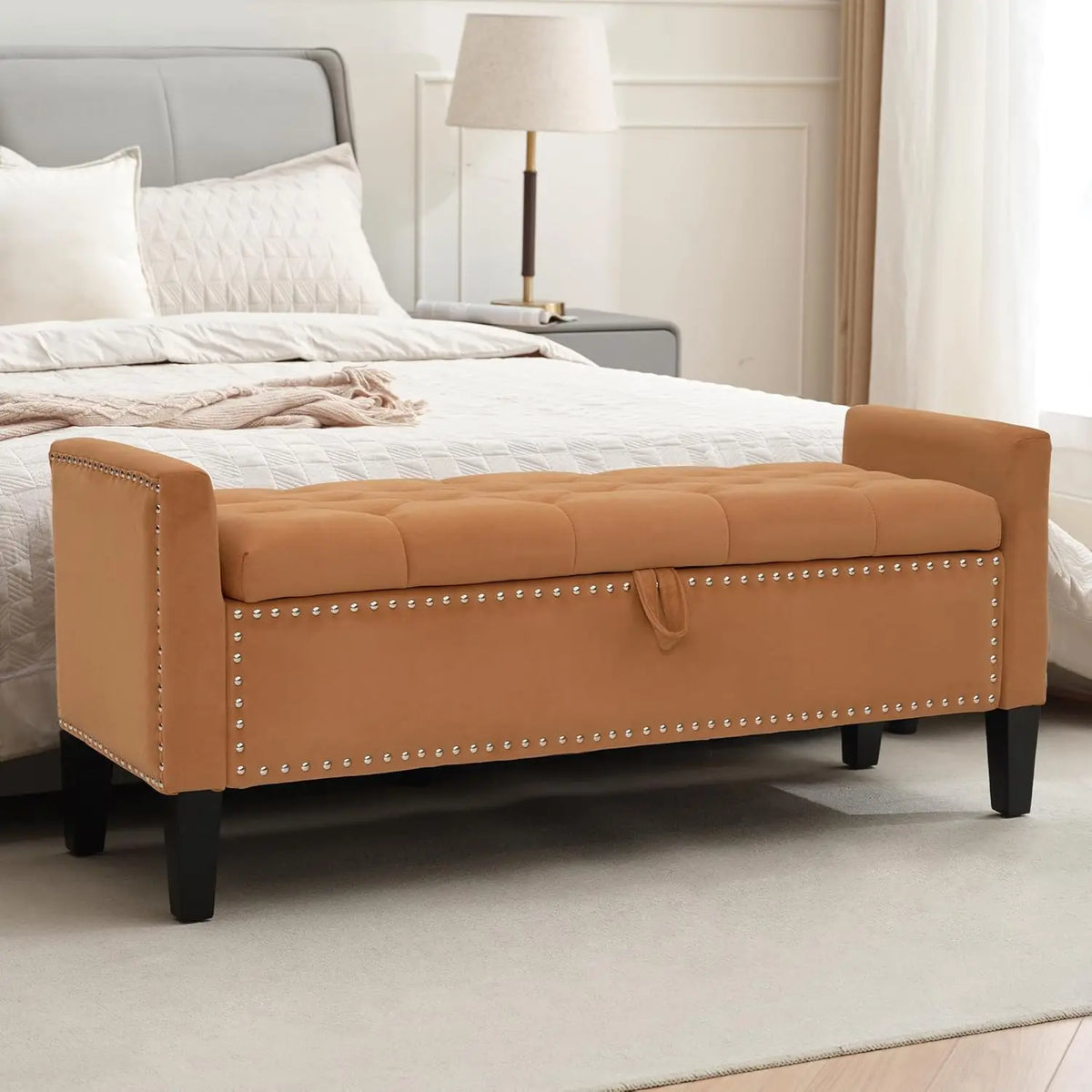 Velvet Storage Ottoman Bench, 45'' Upholstered Button Tufted End of Bed Bench, Modern Storage Bench for Bedroom,, Customized