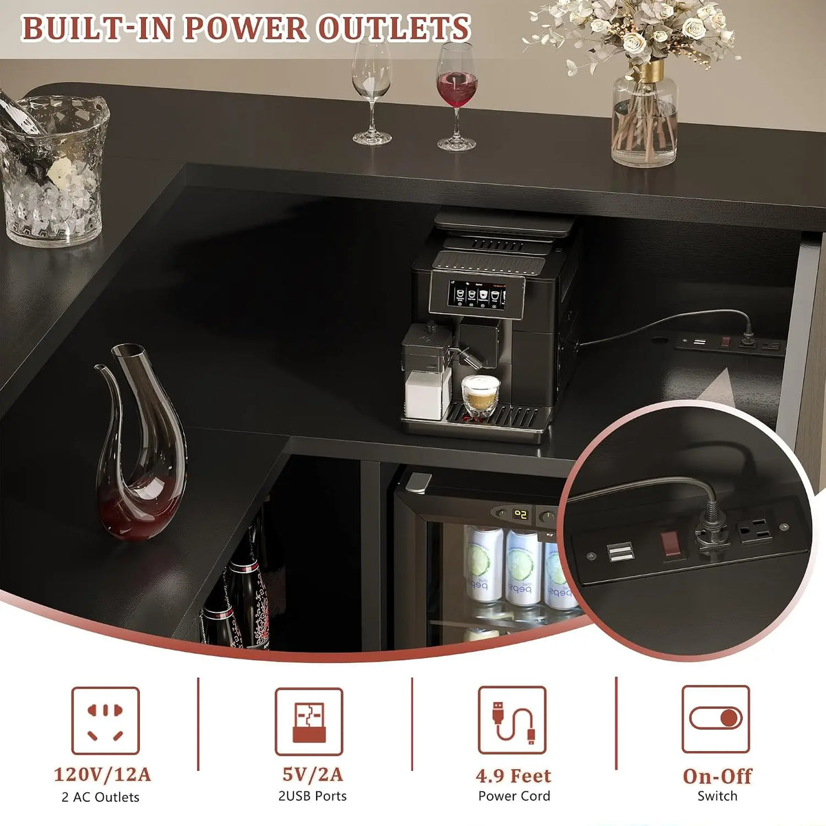 L-Shaped Corner Bar Cabinet with Fridge Space, LED Lights, Wine Storage & Charging Station