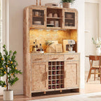 Gray Oak Wine & Coffee Bar Cabinet with LED Lighting, Charging Station, 24-Bottle Wine Rack & Glass Storage