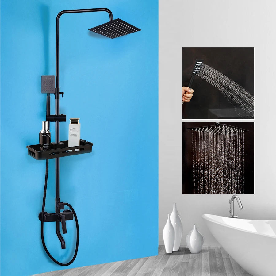 Matte Black Rainfall Shower System with Storage Shelf & Handheld Shower