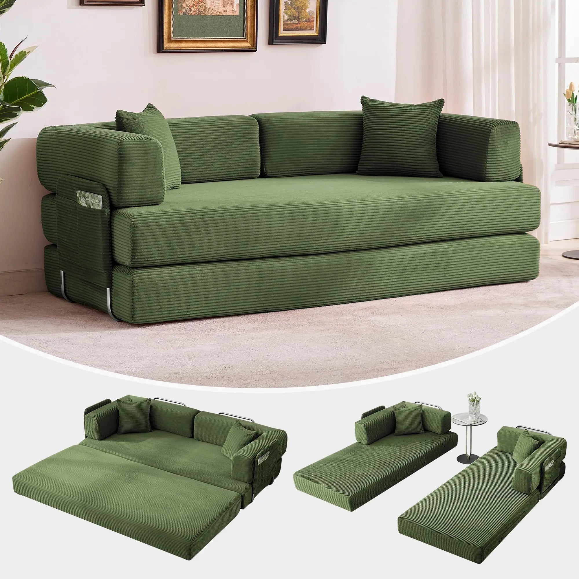 Sleeper Sofa Bed 78 8 Inch 5 In 1 Folding Mattress Couch Loveseat Fixed Shape Steel Frame Corduroy With Pillows No Assembly Floor Futon For Apartments Guest Rooms Dorms RVs