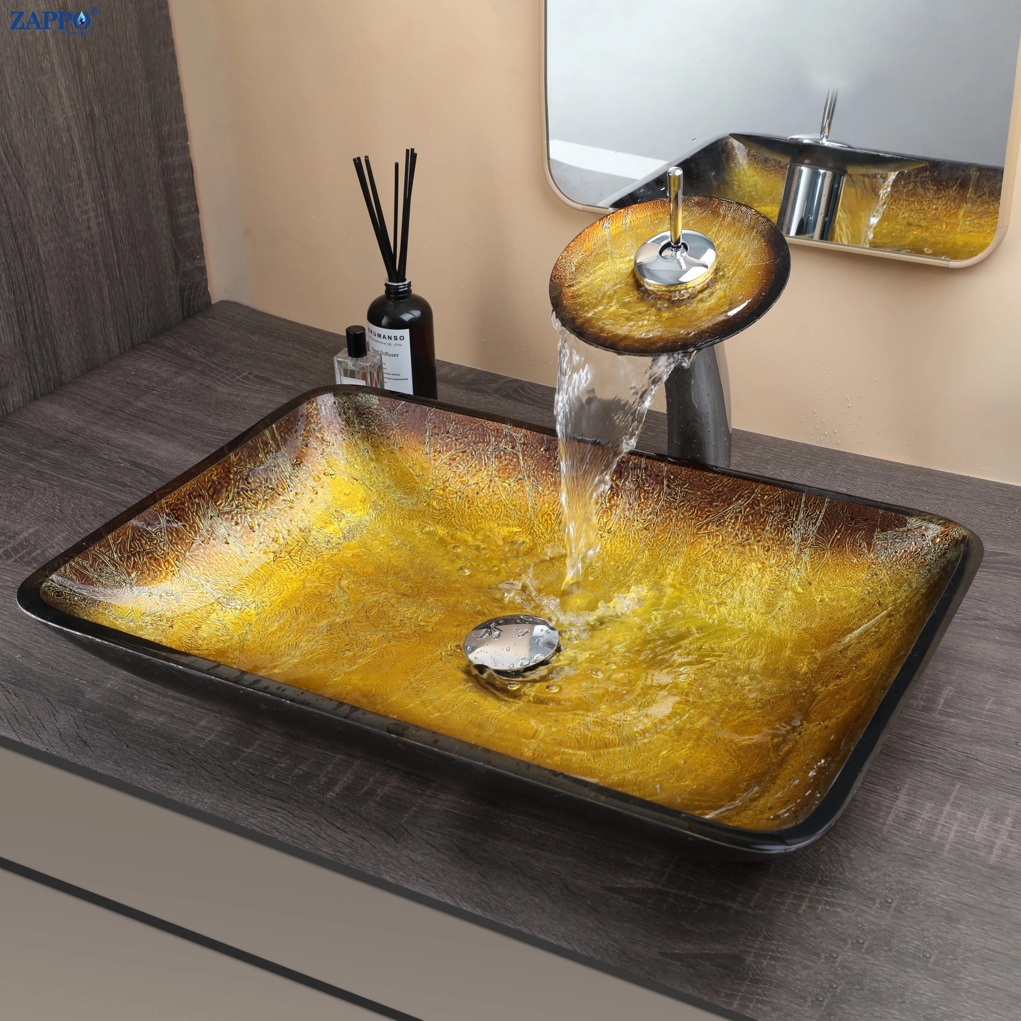 KEMAIDI Big Tempered Glass Basin Sink Washbasin Bathroom Vessel Sinks Counter Top Bowl Washroom Vessel Vanity Sink Faucet Set