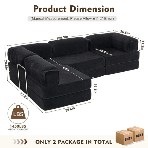 108" L Shaped Boneless Couch, Modular Sectional Sofa with Chaise, Cloud Sectional Couch with Deep Seat & Removable, Customized