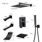 Matte Black Concealed Rainfall & Waterfall Shower System with Tub Spout