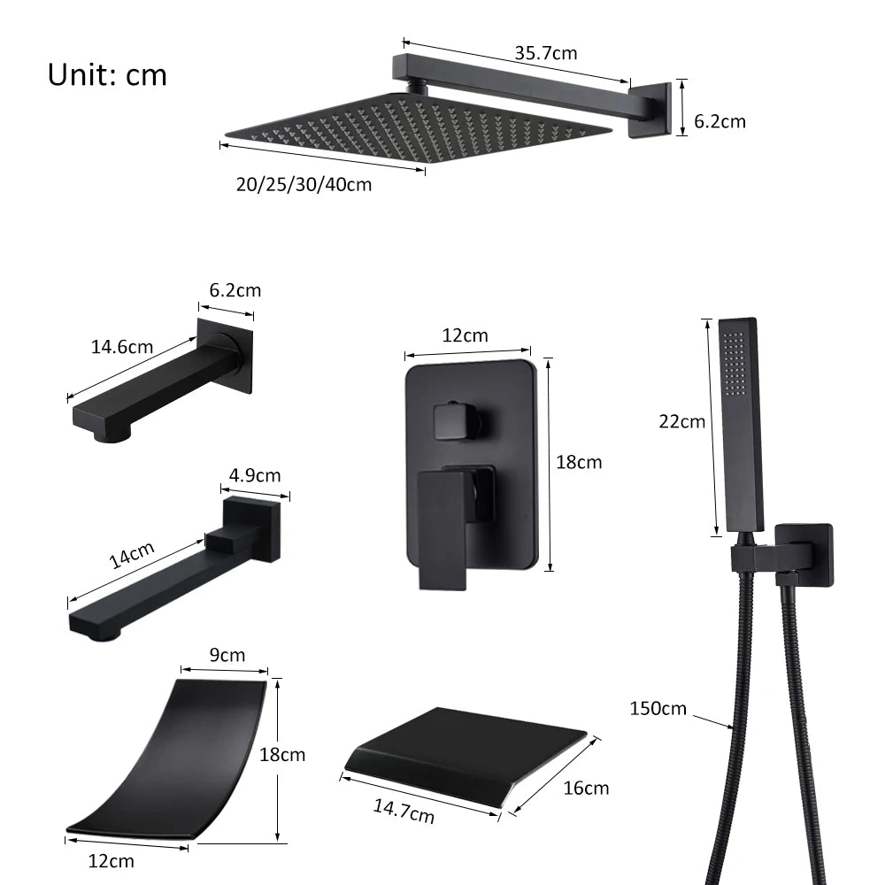 Matte Black Concealed Rainfall & Waterfall Shower System with Tub Spout