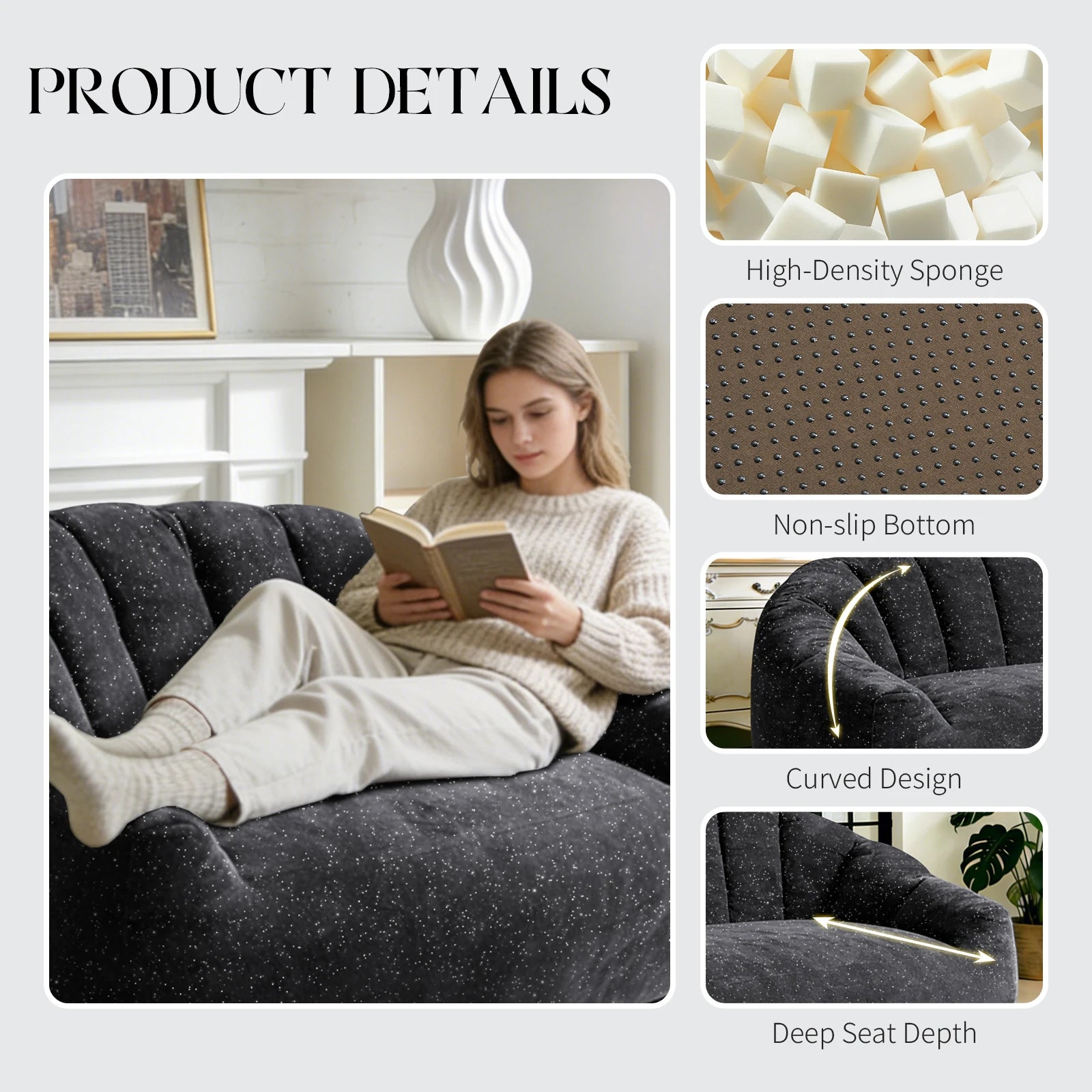 Comfy Bean Bag Sofa with Back Support, Oversized Reading Chair ， Big Fluffy Lazy Lounge Sofa ，Faux Fur Bean Bag Chair ， Stuffed Floor Sofa for Living Room, Bedroom