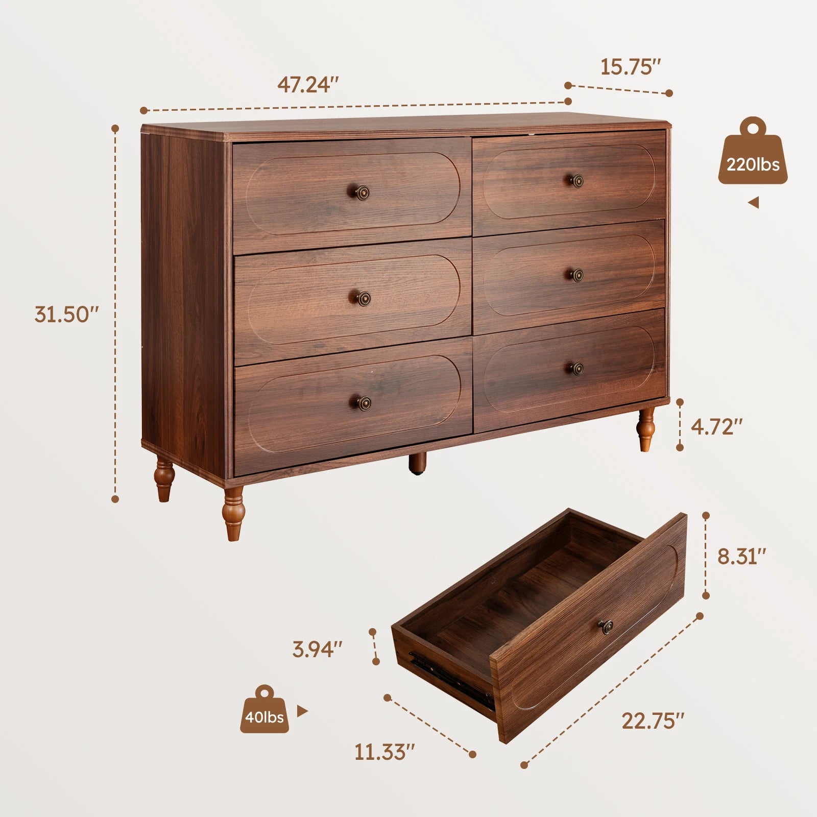 Mid-Century Walnut Wood Dresser – 6 Drawer