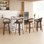 Swivel Bar Stools, Modern Wood Frame with Rattan Back, PU Leather Seat for Kitchen Counter & Bar Table - Set of 2