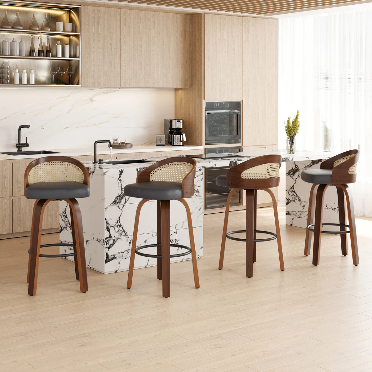 Swivel Bar Stools, Modern Wood Frame with Rattan Back, PU Leather Seat for Kitchen Counter & Bar Table - Set of 2