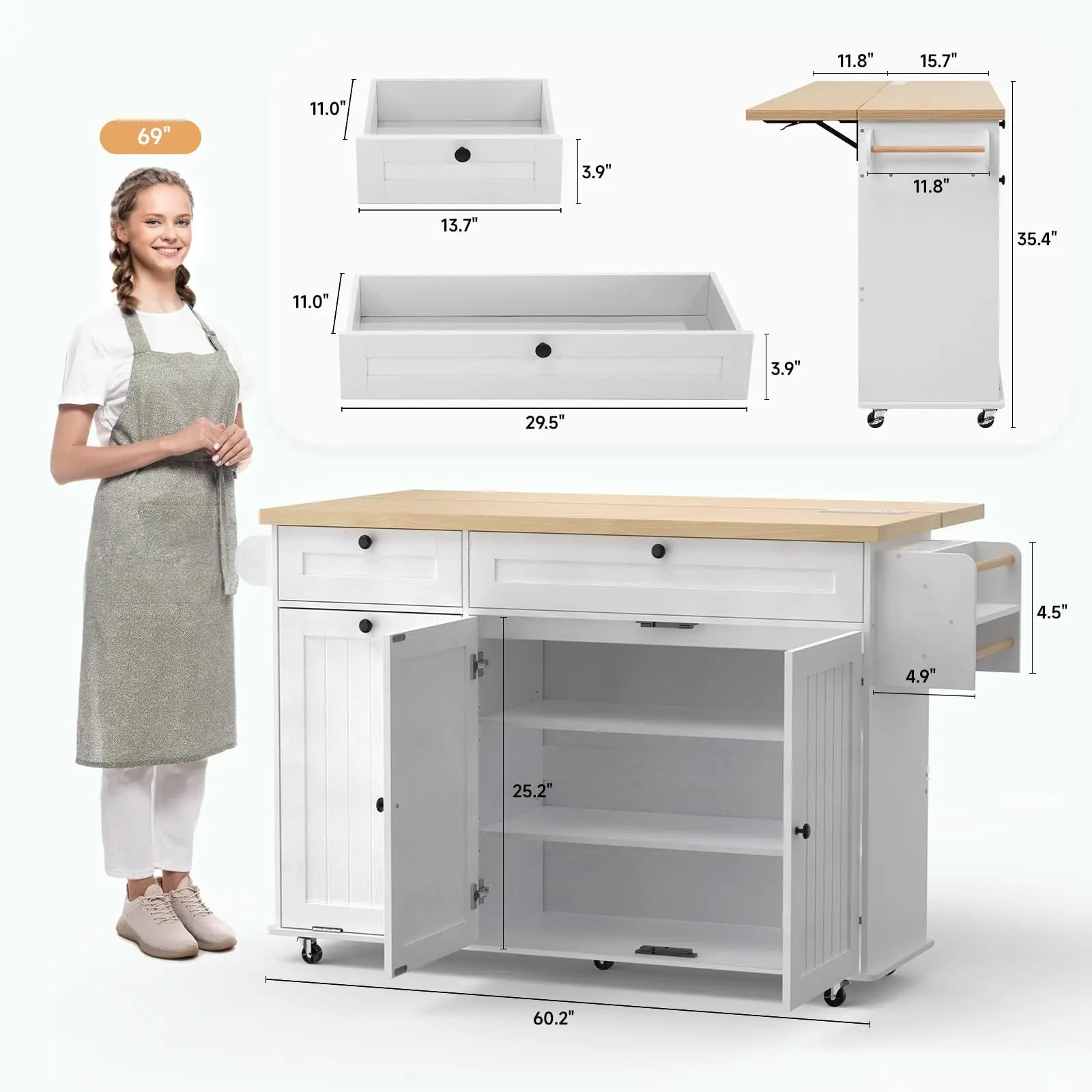Rolling Kitchen Island with Drop Leaf, Power Outlet & Storage