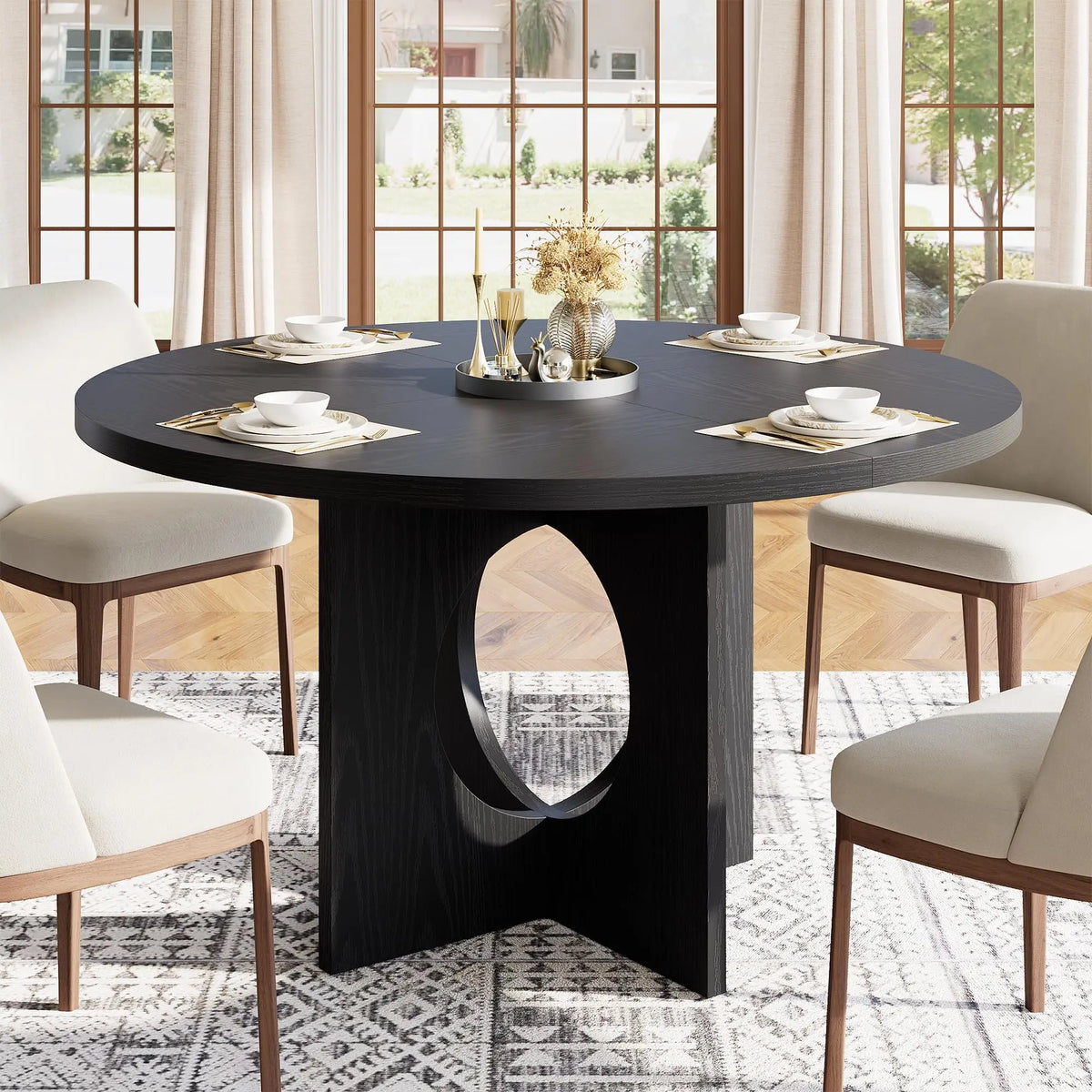 Round Dining Table for 4-6, Wood Dining Room Table, Kitchen Dinner Tables | 47.2'' Farmhouse Dining Room Table with Wooden Pedestal Base, Circle, for Living Room, Balcony, Apartment, O-Shape