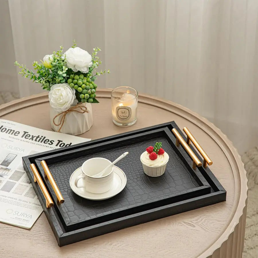 Noir Luxe Decorative Serving Tray Set with Gold Handles – 2 Piece