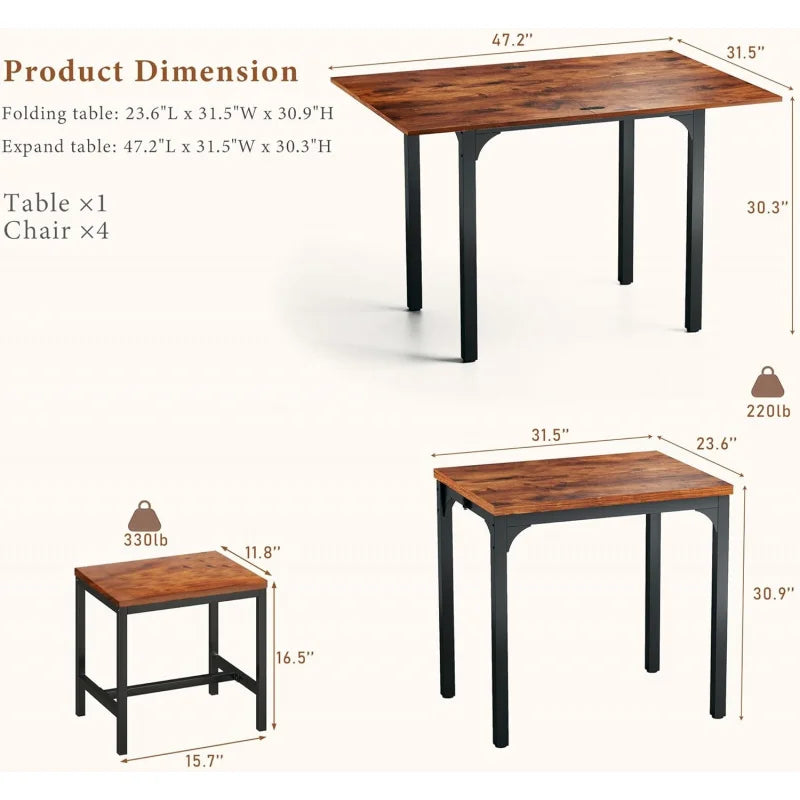 Extendable Kitchen Table Chairs Set of 4,  Compact Kitchen Table and 4 Stools Small Space,