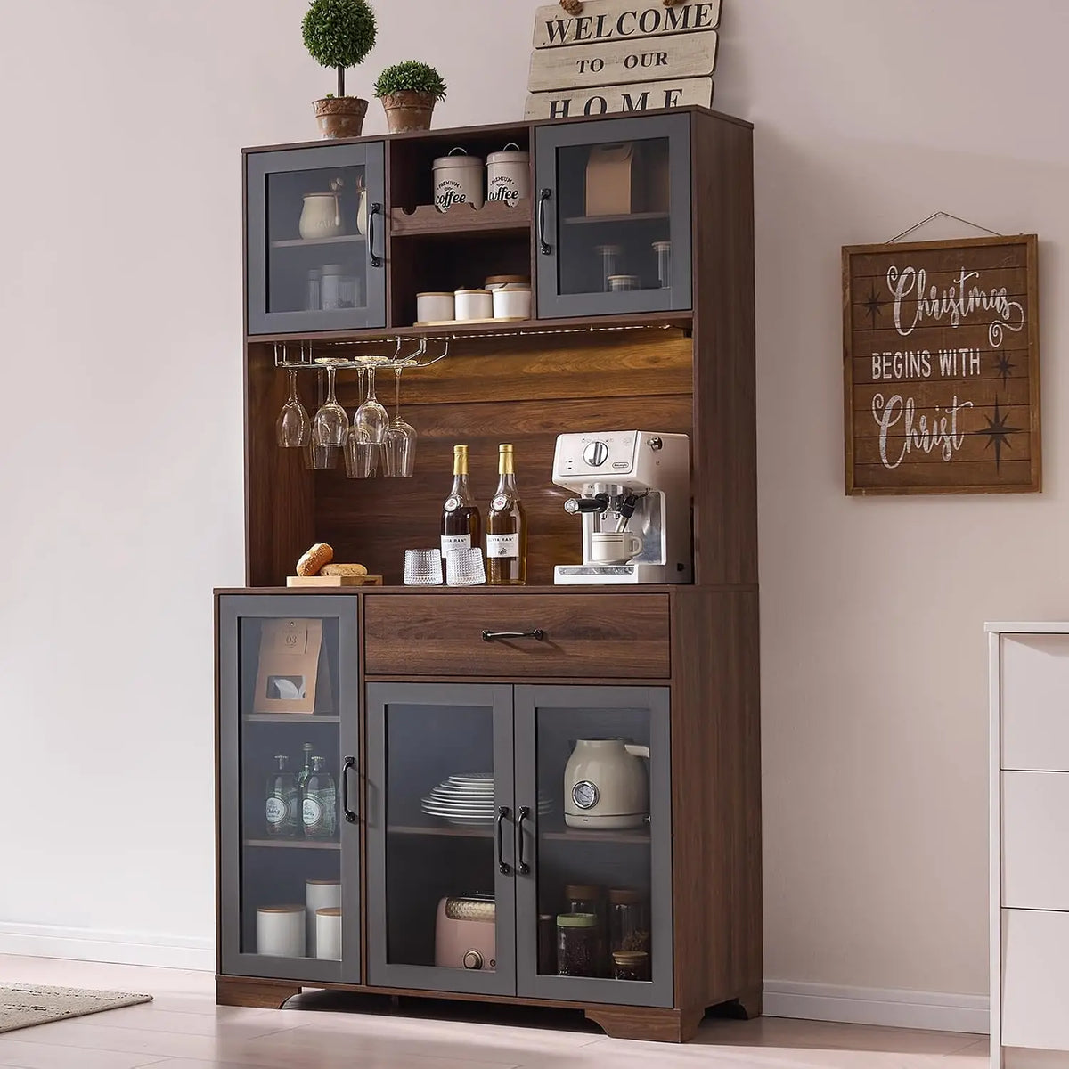 Coffee Bar & Pantry Cabinet with Wine Storage, LED Lights & Charging Station