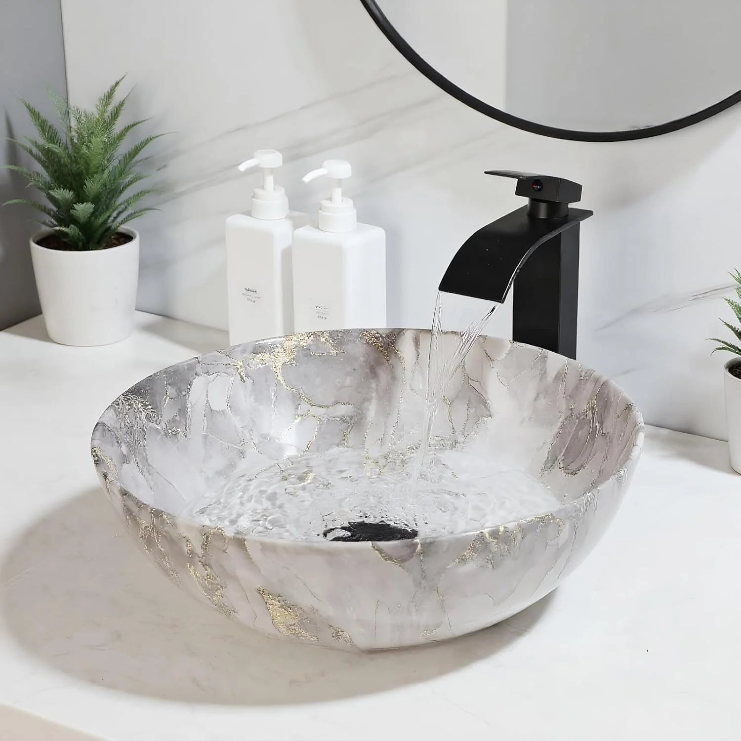 Aurora Luxe Marbled Ceramic Vessel Sink with Matte Black Waterfall Faucet Set