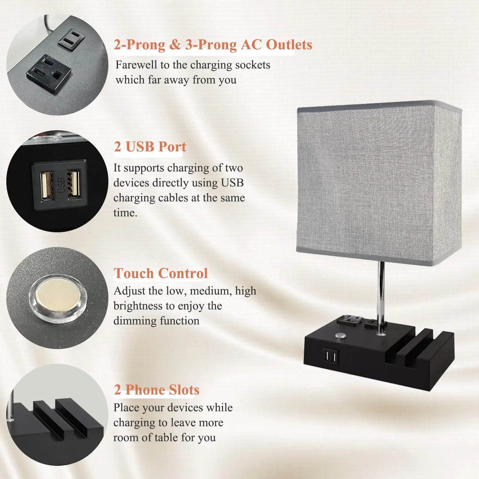 LumiHaven Touch Control Bedside Lamp with USB Charging Ports