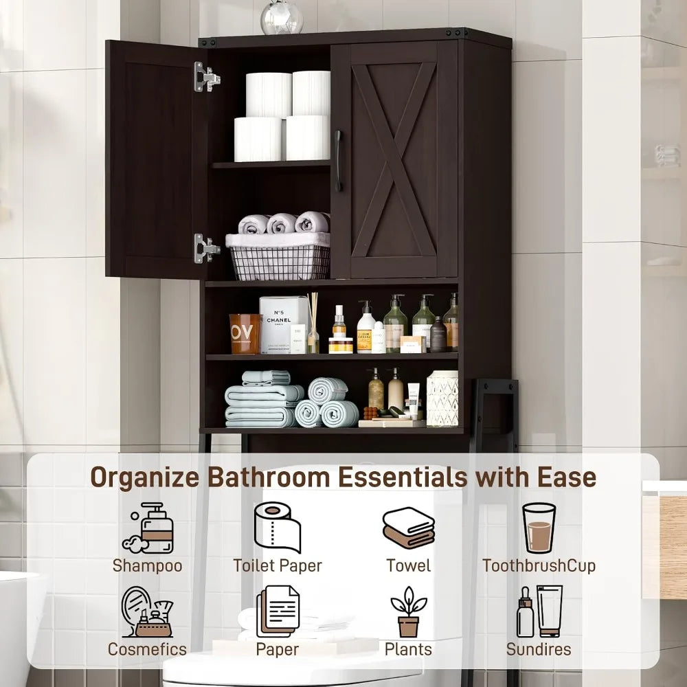 Farmhouse Over Toilet Storage Cabinet, Metal Frame with Barn Doors, Space-Saving Bathroom Rack