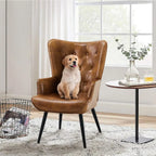 Brown PU Leather Mid-Century Wingback Accent Chair Set