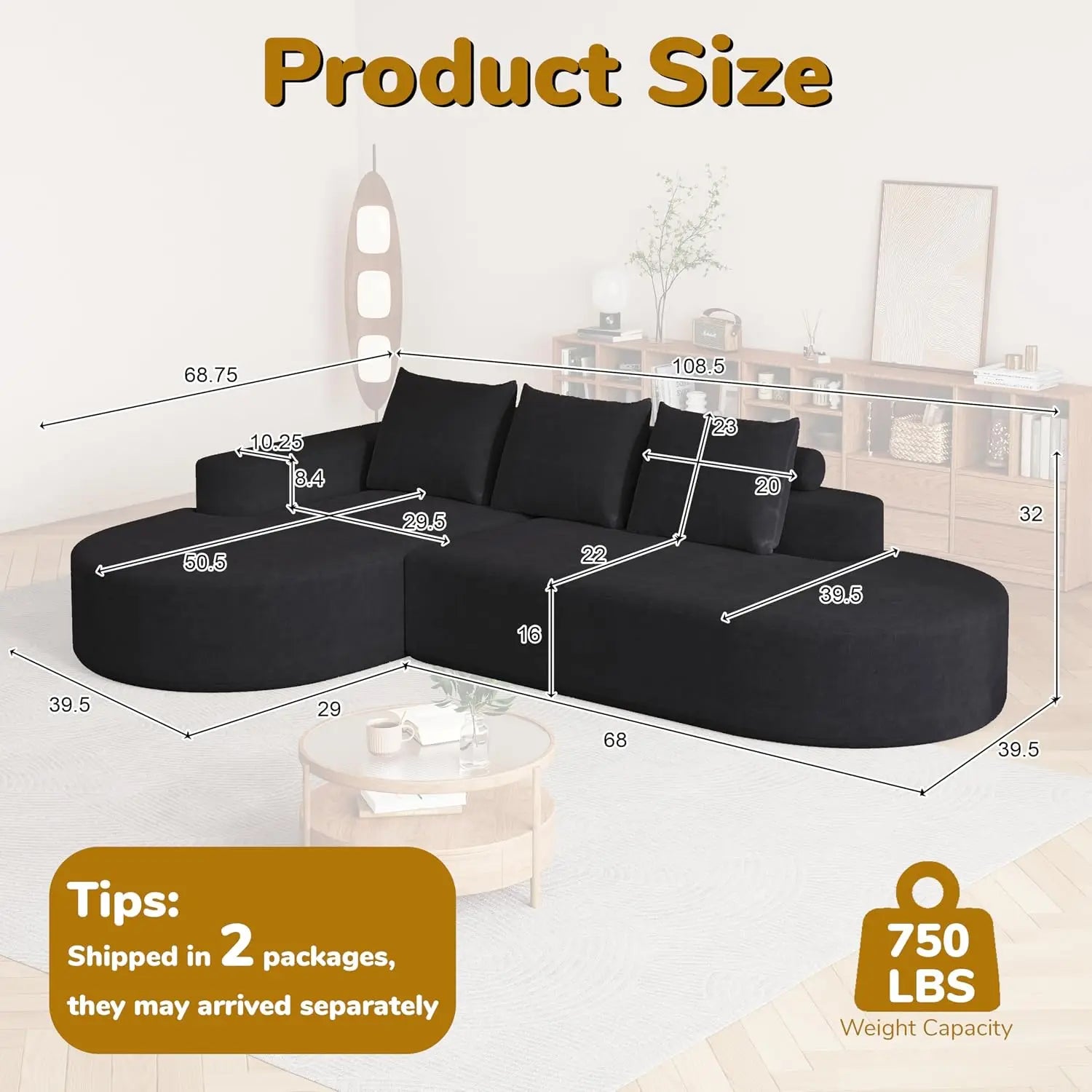 109" Modern Modular Curved L-Shaped Sofa, Chenille Upholstered Sectional Boneless Couch Set with 3 Pillows,Free, Customized