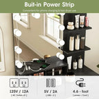 Black Lighted Vanity Desk with Mirror, Storage & Charging Station